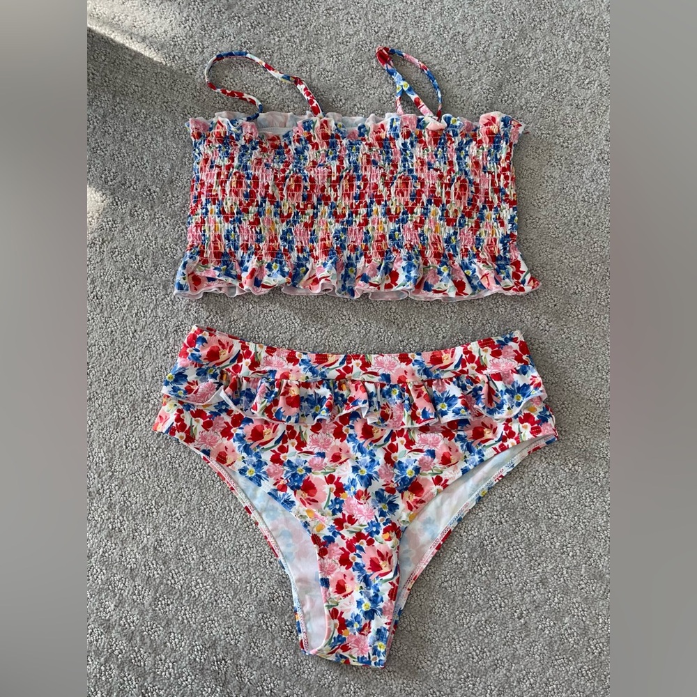 Floral strapless bikini set high waisted - L
